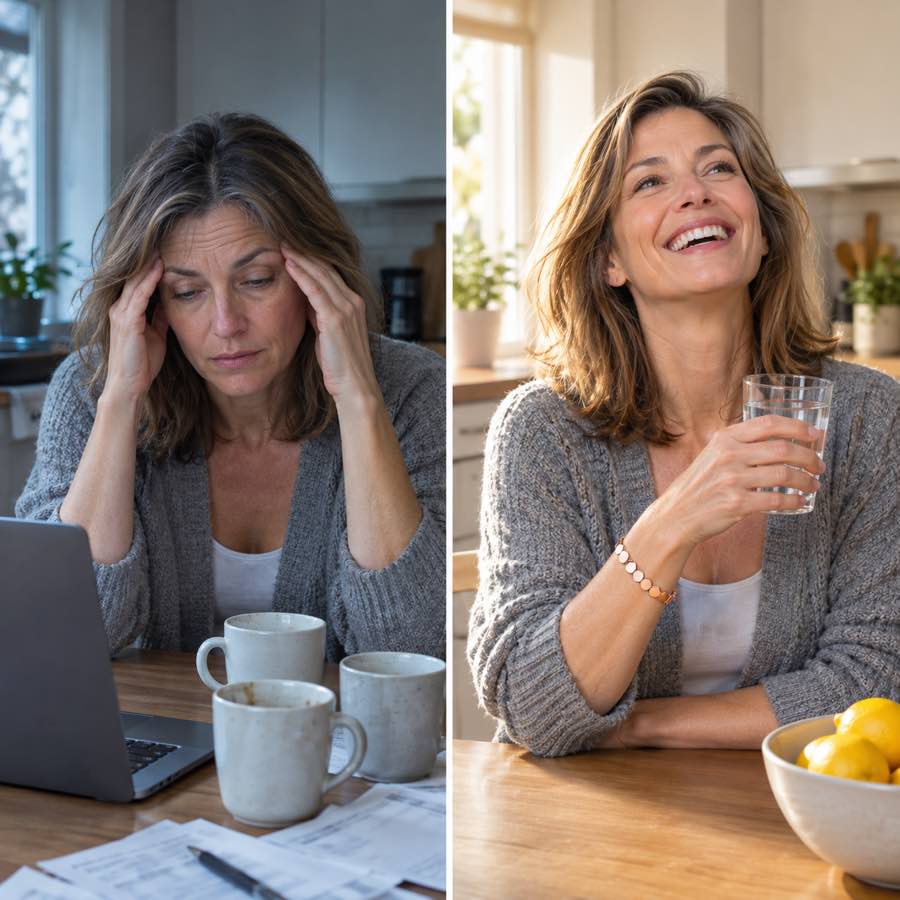 The same woman exhausted at her kitchen table, then laughing and full of energy wearing the HAIMA bracelet