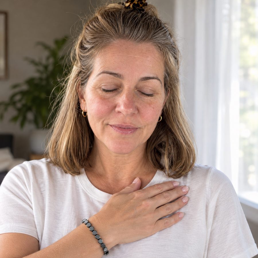 A woman breathing calmly with her hand on her chest, wearing the HAIMA bracelet